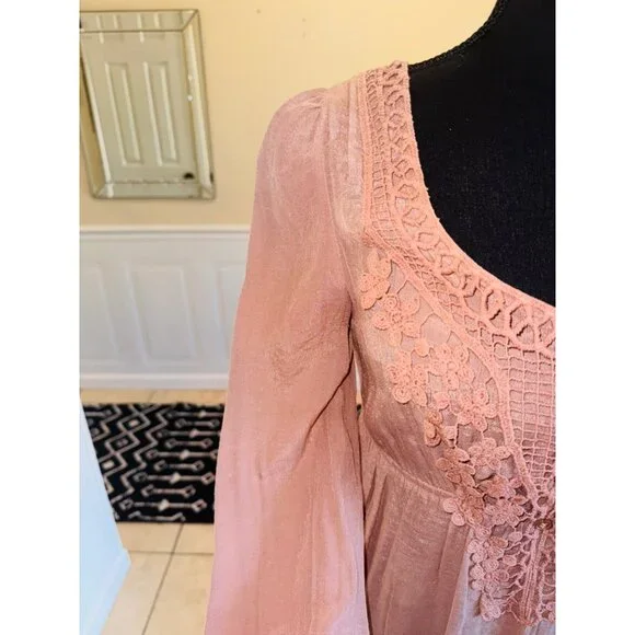 Anthropologie Blue Bird Boho Peasant Babydoll Crochet Lace M Cottage Dusty Rose - Picture 15 of 15